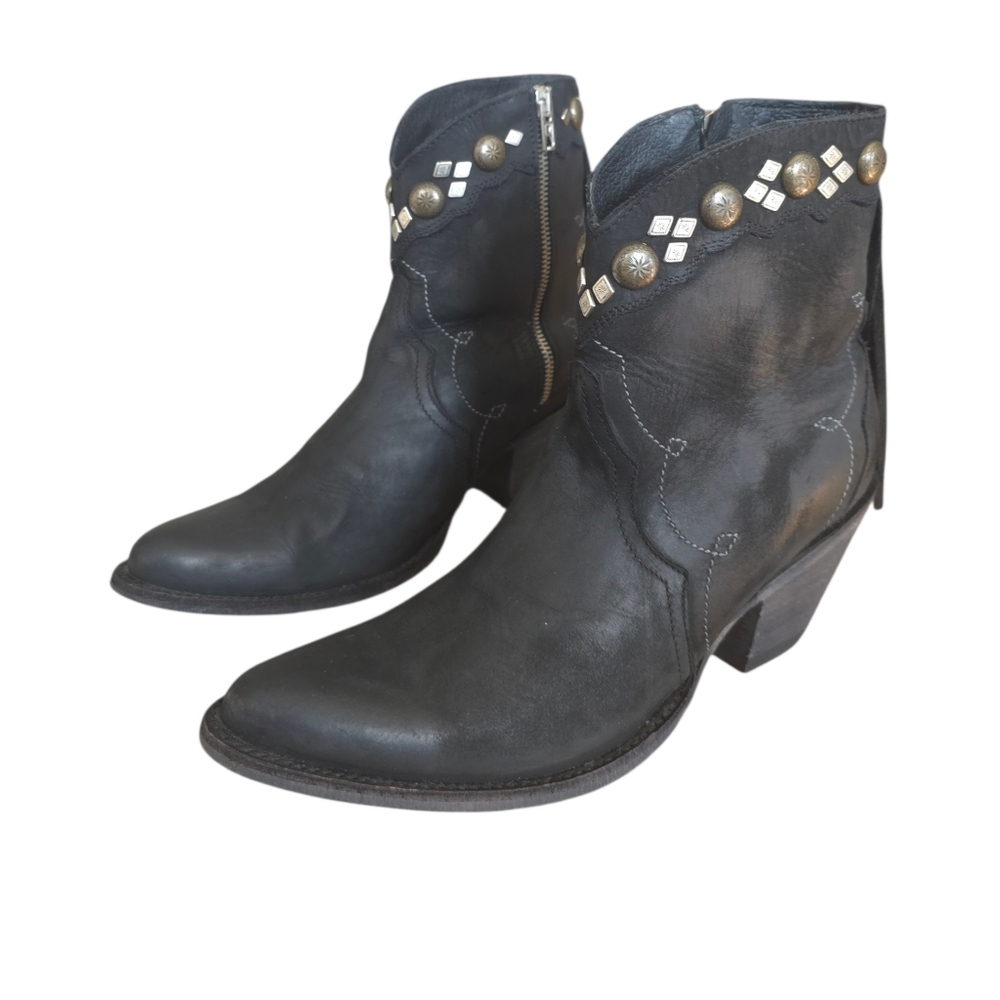 Yippee Ki Yay Old Gringo Black Leather Ankle Boots Fringe & Studded Western 8.5 - Picture 3 of 16